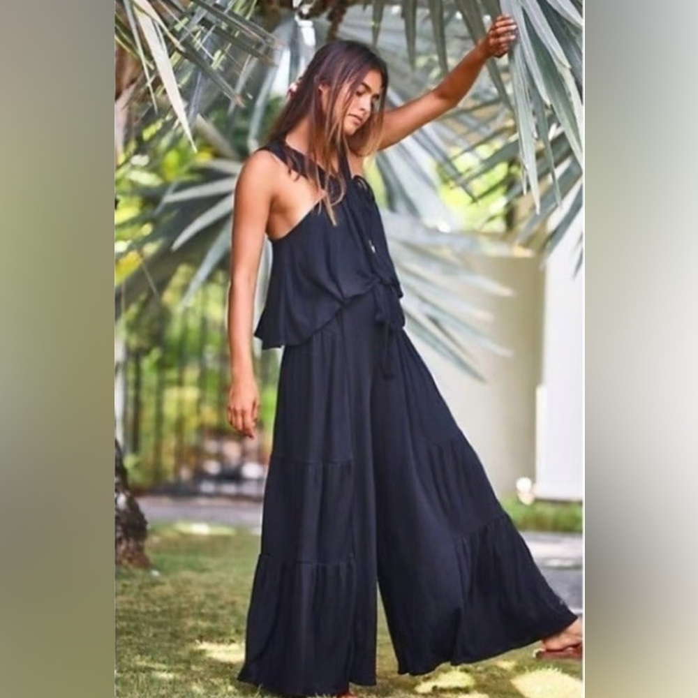 FREE PEOPLE Black Knit Porter Ultra Wide Leg Ribbed Tie Waist Pants size 8